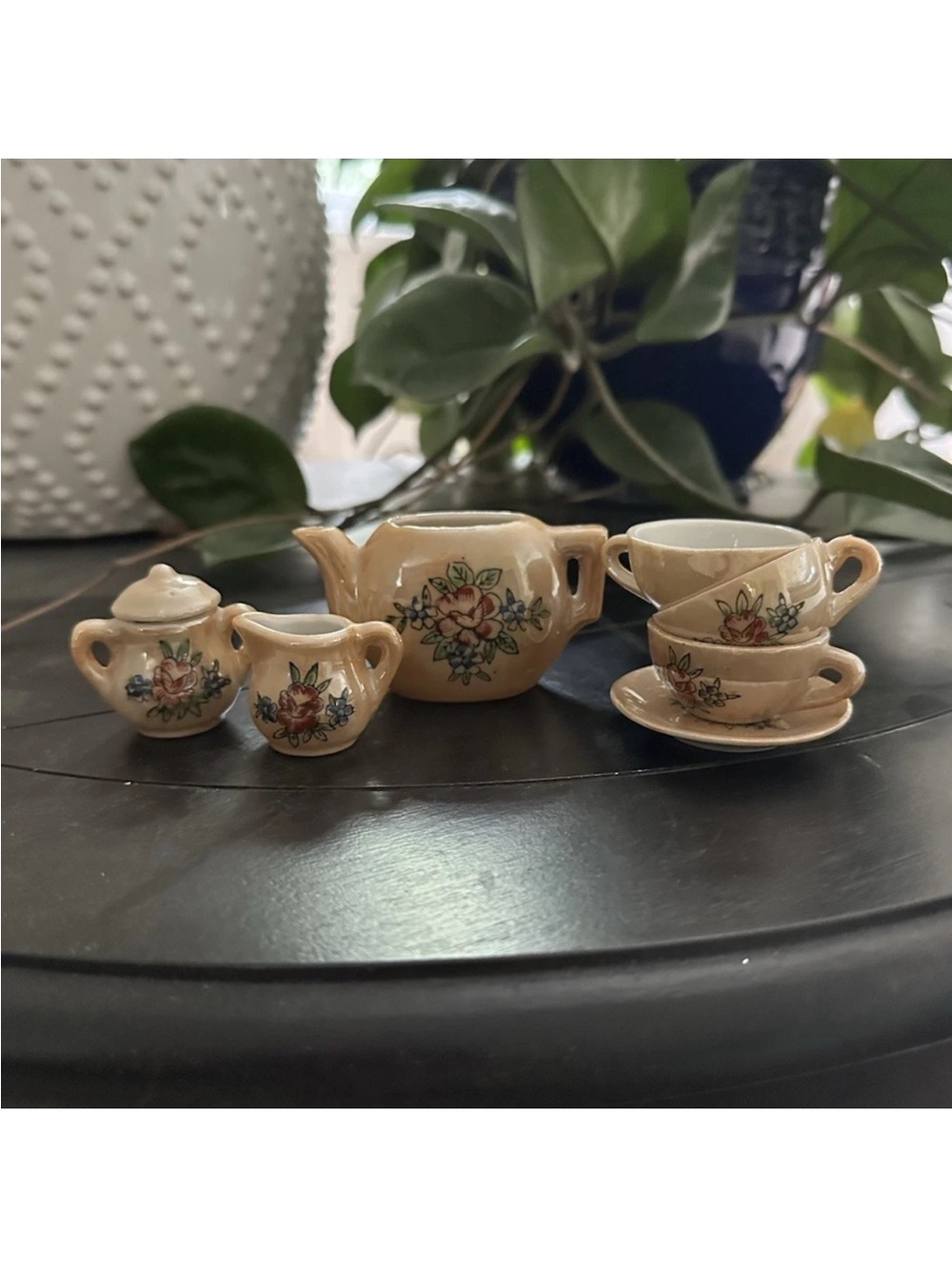Vintage Miniature porcelain Tea Set with Floral Decals - Beige
